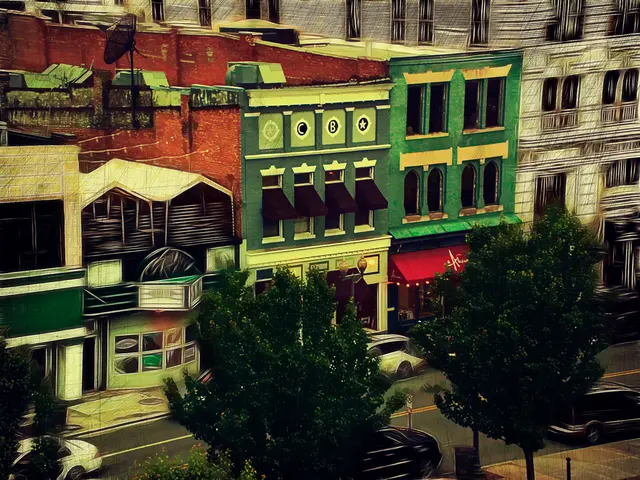 In this image I can see painting of buildings, trees and vehicles. I can also see a road.